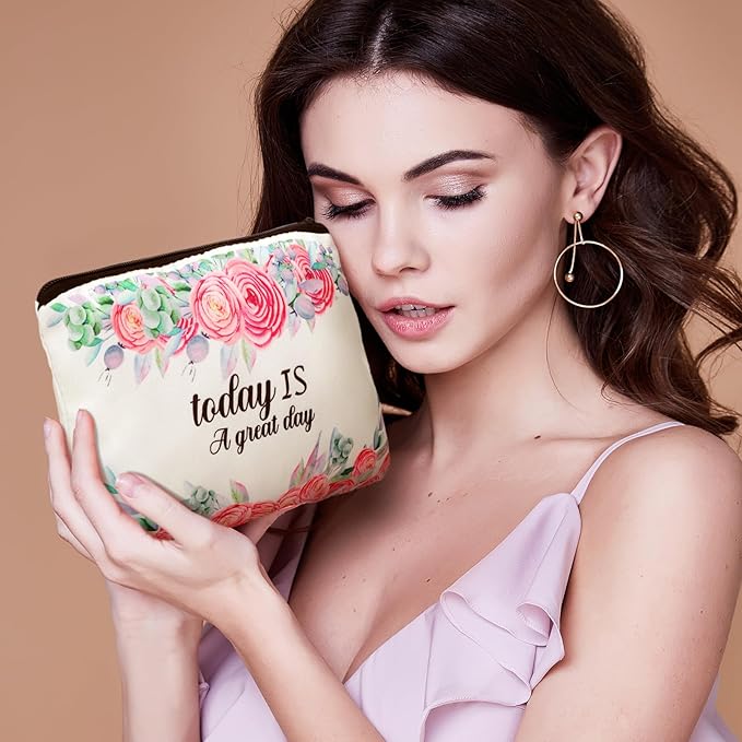 Pinkunn 16 Pcs Valentines Canvas Makeup Bags Bulk Inspirational Christian Women Religious Galentine Gifts Inspirational Bible Verse Pencil Pouch Makeup Bags with Zipper for Travel(Flower)