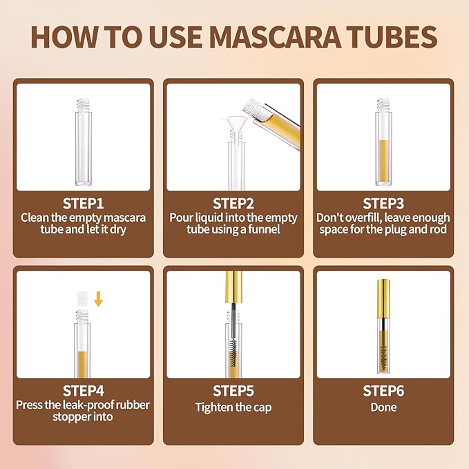 8 Pack Empty Mascara Tube 10ml Refillable Bottles with Brush Wand&Funnels,Leakproof Travel Containers for Lash & Brow Serum,Portable for Makeup Artists or Beginners(Gold)