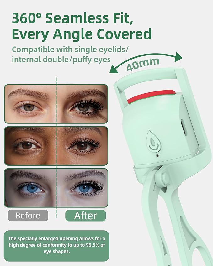 Heated Eyelash Curler, 5s Fast Heating Electric Eyelash Curler, Safe Anti-Burn Eyelash Curlers with Silicone Pad, Type-C Quick Charge, Intelligent Temp Control, 24H Long-Lasting Curls (Green)