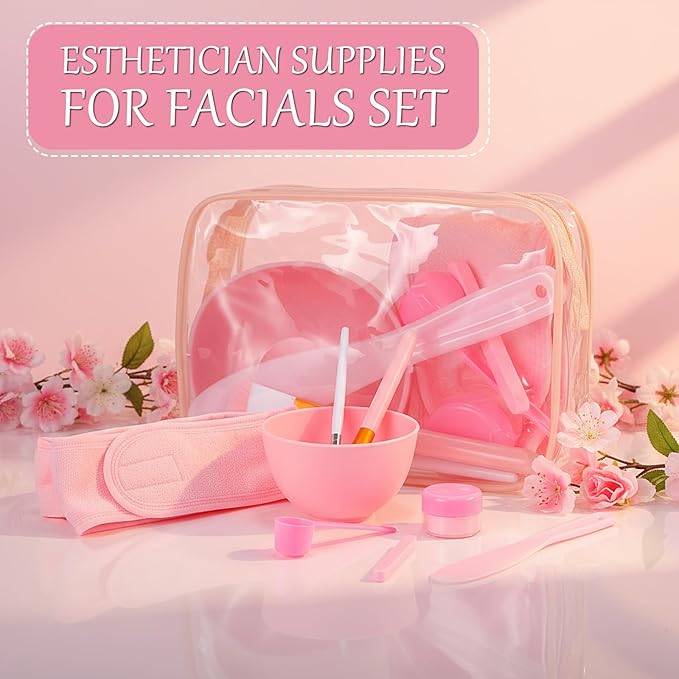 LemonRoad 34 Pcs Esthetician Facial Supplies Include Facial Bowls Brushes Jars Measuring Spoons Hairbands Esthetician Essentials Valentines Gift Set For Women(Pink)