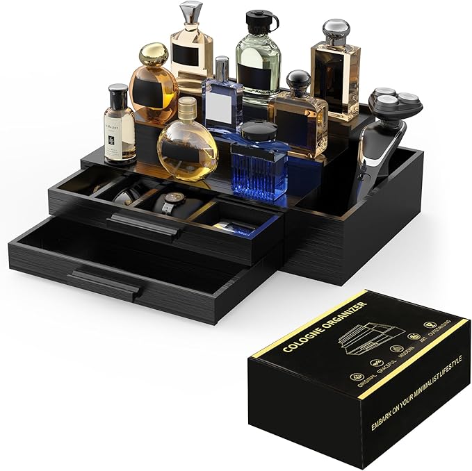 Cologne Organizer for Men,3 Tier Cologne Stand with 2 Drawer and Side Extended Storage Space,Wood Perfume Stand Organizer，Great Gift Packing Box for Men and Women-Black