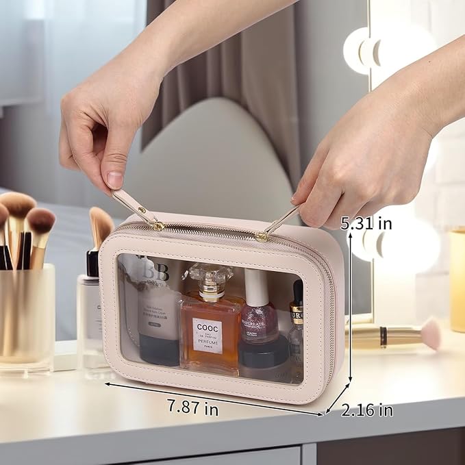 Clear Makeup Bag Small Cosmetic Bag Clear Travel Case Transparent Travel Toiletry Case Makeup Bag for Car with Zipper for Women (Beige, Small)
