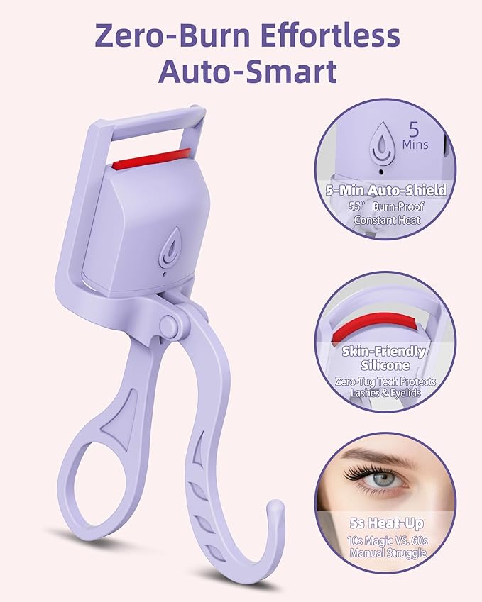 Heated Eyelash Curler, 5s Fast Heating Electric Eyelash Curler, Safe Anti-Burn Eyelash Curlers with Silicone Pad, Type-C Quick Charge, Intelligent Temp Control, 24H Long-Lasting Curls (Purple)