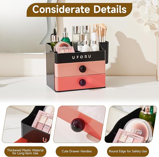Makeup Organizer for Vanity with Brush Holder, Countertop Skincare Organizer with 2 Drawers, Spacious Cosmetic Display Case for Perfumes, Eyeshadow Palettes, Nail Polishes