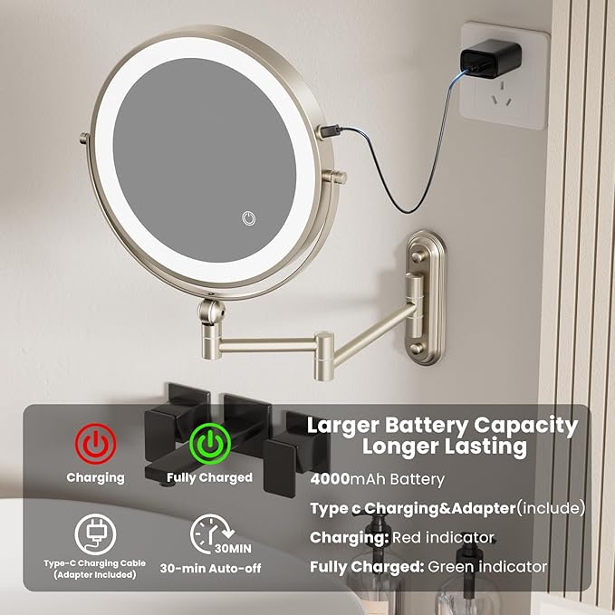 9" Wall Mounted LED Lighted Makeup Vanity Mirror - 4000mAh Rechargeable Double Sided 1X/30X Magnifying Mirror, 3 Color Lights Touch Dimmable, Height Adjustable Extended Arm 360° Swivel Bathroom Mirror