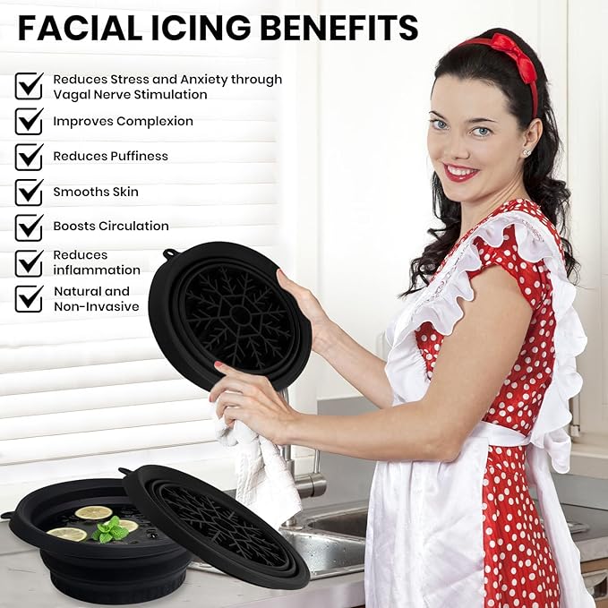 Ice Bowl for Face with Built-in Ice Tray, Foldable Silicone Face Bowl for Ice, Facial Ice Bath Bowl, Skin Tightening & Acne Relief, Portable Ice Face Bowl for Home Travel - Black