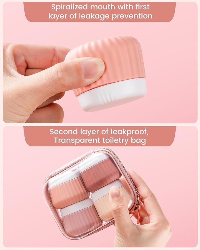 Travel Containers for Toiletries 4 Pack, Clear Hard Zipper Case, TSA Approved Travel Size Toiletries, With Clear Bag Leak Proof Silicone Jars, Creams Jars Carrying Small Items