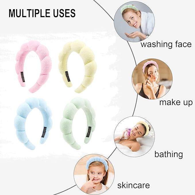 Canitor 4 PCS Spa Headband for Washing Face, Facial Skincare, Terry Cloth Sponge Makeup, Puffy Face Wash for Mask Skin Treatment - Teen Girl Trendy Stuff Christmas Gifts
