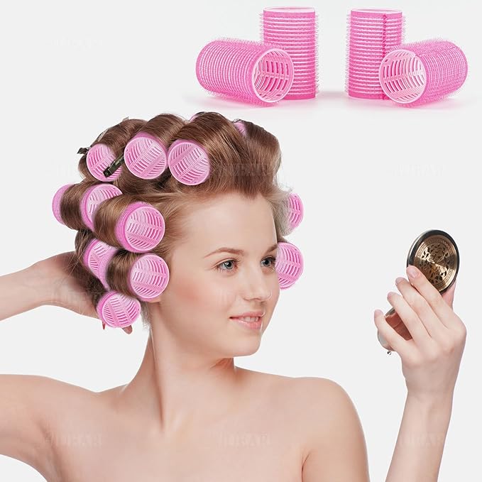 AUEAR, 12 Pack Hair Curlers Rollers Self Grip for Short Women Hairstyle Rose Red