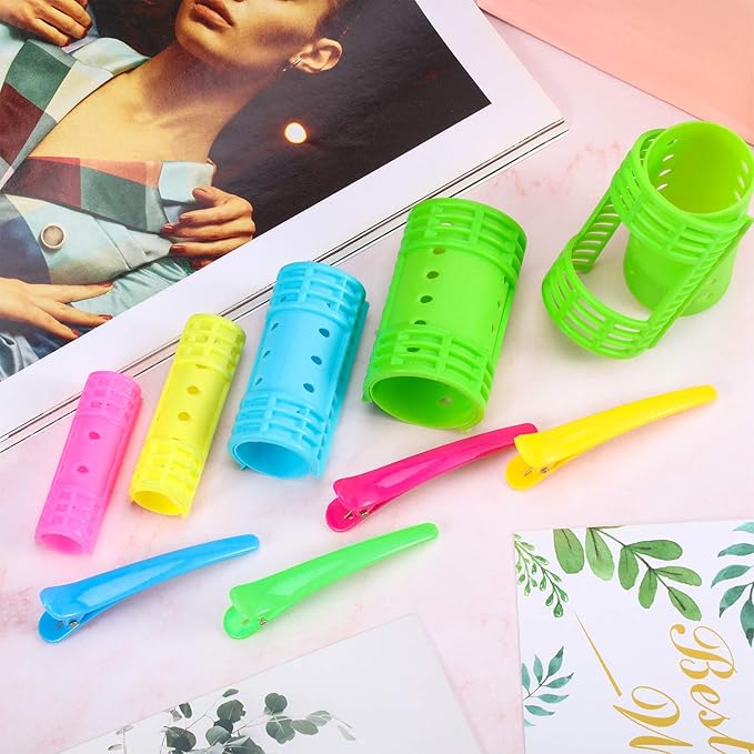 WILLBOND 65 Pieces Magnetic Hair Rollers Set Plastic Rollers Curlers with Clips 4 Sizes for Long Medium Short Hair, Duck Clips Hairnet Hairdressing Styling Tool(Colorful)