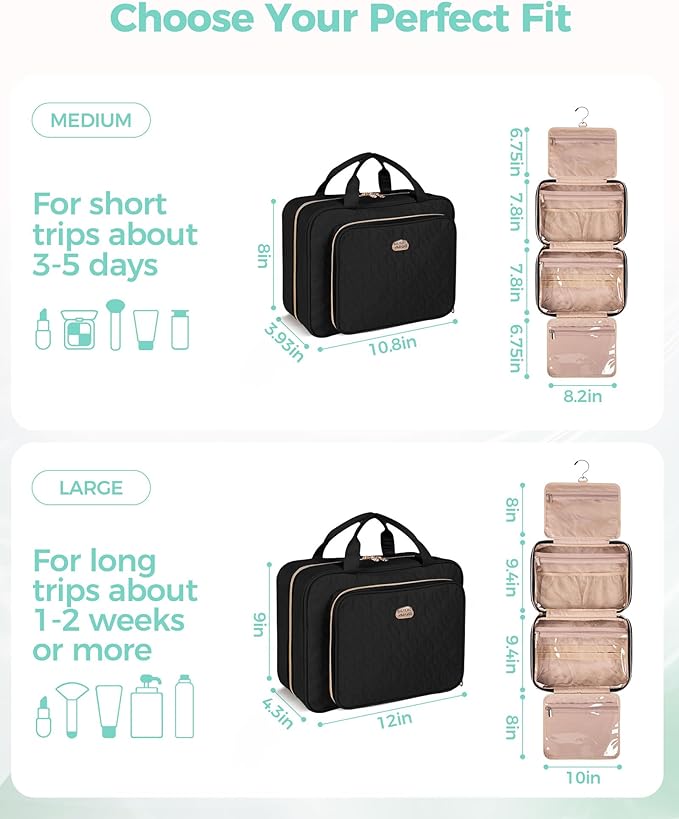 BALULHG Travel Hanging Toiletry Bag for Women,Makeup Bag Cosmetic Organizer Waterproof with Hanging Hook Multiple Pockets for Women Travel Essentials Black