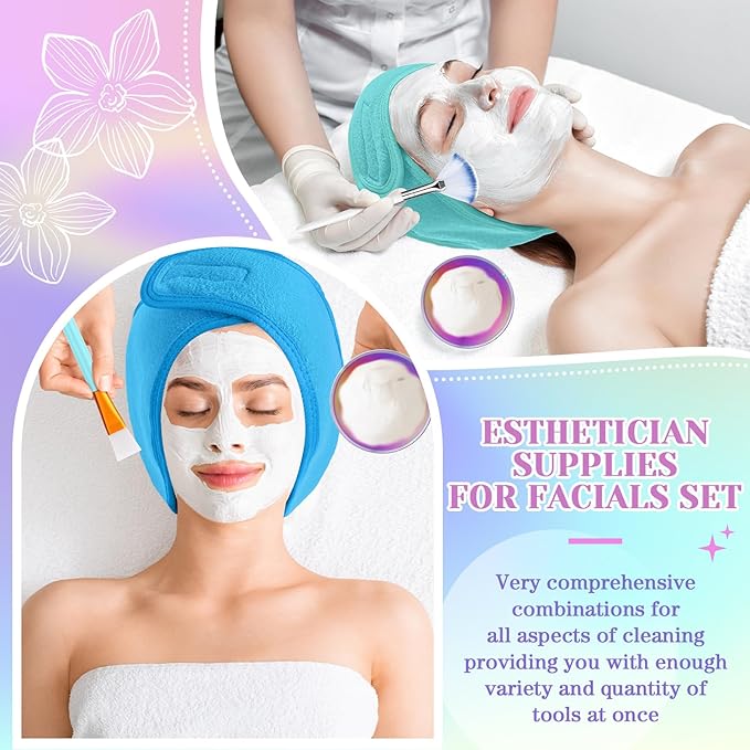 LemonRoad 25 Pcs Esthetician Facial Supplies Set, 3 Stainless Steel Mixing Bowls, 2 Serving Trays, 6 Brushes, 2 Hairbands, 12 Compressed Sponges for Women Facial Mask Spa Home Use(Laser Color)