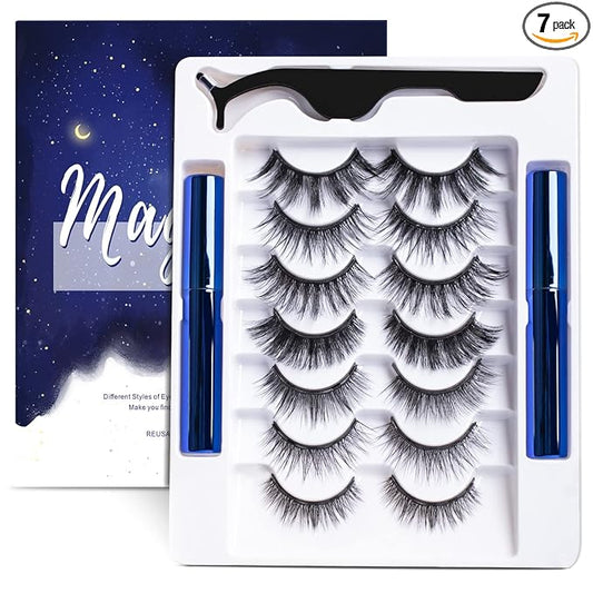 Magnetic Eyelashes Kit, 7 Pairs Reusable 3D Natural Look Magnetic Lashes with Eyeliner & Tweezers, No Glue Needed, Easy to Apply, Lightweight & Waterproof False Eyelashes (7 Pairs)