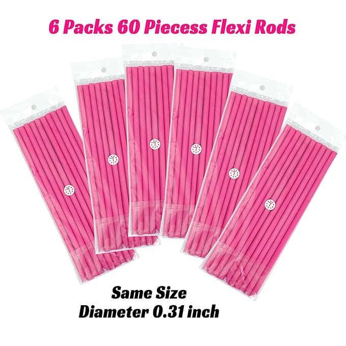 Royota 60PCS 9.45" Heatless Flexible Curling Rod, Skinny Small Flexi Rod Soft Twist Foam Hair Rollers for Tight Curl Women Girl Home Use Long and Short Hair (0.31 x 9.45 Inch, Pink#)