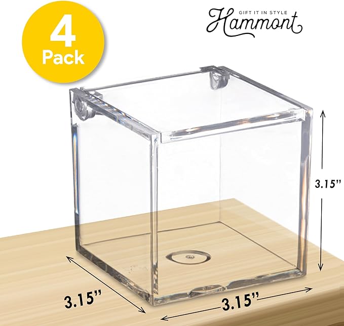 Hammont Clear Acrylic Box with Hinged Lid – Small Plastic Organizer for Office, Desk, Makeup, Crafts, Cotton Balls, Jewelry & More | 3"x3"x3" (4 Pack)
