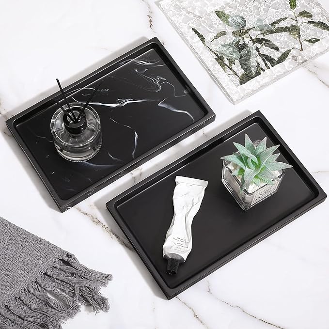 Luxspire Bathroom Vanity Tray, Resin Dresser Jewelry Ring Dish Tank Storage Kitchen Sink Countertop Organizer Plate Holder for Perfume Candles Soap Towel Plant Bathroom Accessories, M, Matte Ink Black