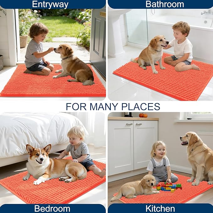 OLANLY Dog Door Mat for Muddy Paws 44x24, Ultra Absorbent Chenille Mud Doormat, Non-Slip Washable and Dirt Trapping Doormat for Indoor Entryway, Quick-Dry Indoor Pet Bed Mats for Dogs, Coral