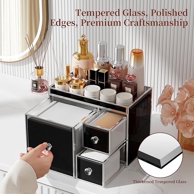 Coralhouse Multifunctional Face Towel Holder with 3 Drawers – Tempered Glass Cotton Pad & Swab Organizer – Disposable Face Towel Holder for Bathroom Vanity