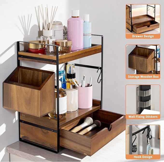 2-Tier Bathroom Counter Organizer with Drawer and Basket, Acacia Wood Countertop Organizer for Storage, Skincare Organizers for Vanity, Counter Shelf for Bathroom Organization(Acacia wood-Dark Brown)