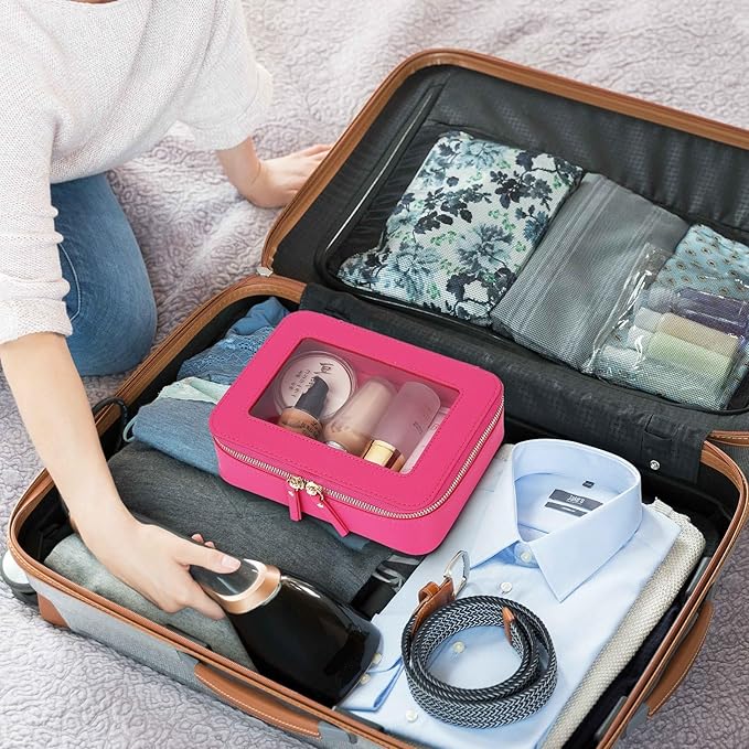 Clear Travel Makeup Bag with Brush Case Portable Transparent Cosmetic Bag and Toiletry Bag Waterproof Makeup Organizer with Zipper Car Essential for Women (Fuxia, M+Slim)
