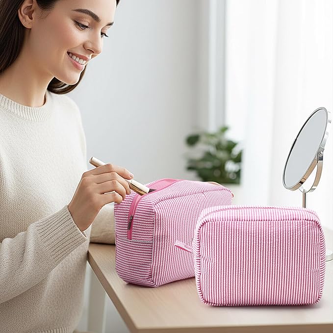 Sanwuta 9 Pcs Seersucker Cosmetic Bag Bulk Pinstripe Makeup Bag for Women Aesthetic Cute Travel Toiletry Organizer Preppy Storage Pouch for Wedding Bridesmaid Christmas Gift (Large, Pink)