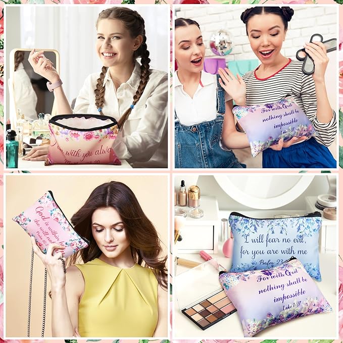 Pinkunn 16 Pcs Valentines Canvas Makeup Bags Bulk Inspirational Christian Women Religious Galentine Gifts Inspirational Bible Verse Pencil Pouch Makeup Bags with Zipper for Travel(Bible)