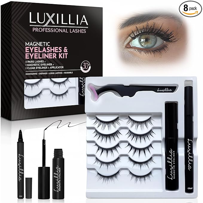 Luxillia 8-Piece Clear & Black Magnetic Eyelashes with Applicator & Magnetic Eyeliner Kit – Reusable Natural Magnetic Lashes – Easy Apply Lash Kit for Beginners – Waterproof Dramatic Looks
