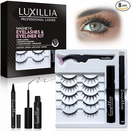 Luxillia 8-Piece Clear & Black Magnetic Eyelashes with Applicator & Magnetic Eyeliner Kit – Reusable Natural Magnetic Lashes – Easy Apply Lash Kit for Beginners – Waterproof Dramatic Looks