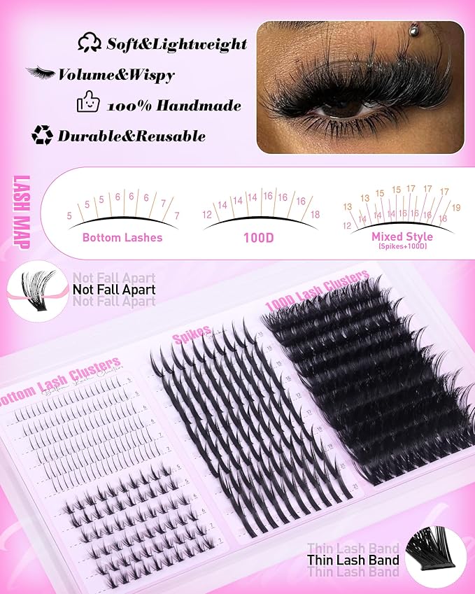 Lash Clusters Kit with Spikes Wispy Lash Extension Kit with Bottom Lashes 100D Eyelash Clusters 380PCS Volume Eyelash Extension Kit Spiky Lashes Clusters Kit with 2-IN-1 Lash Glue, Tweezers