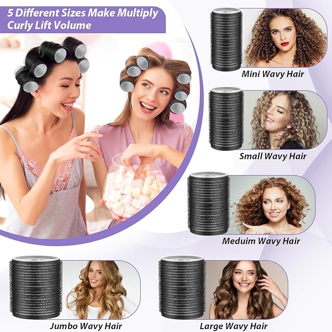65 PCS Hair Curler Rollers with 5 Sizes Self Grip Hair Rollers for Long Medium Short Thick Fine Thin Hair Bangs Volume, Jumbo Curlers Rollers with Storage Bag Teasing Brush