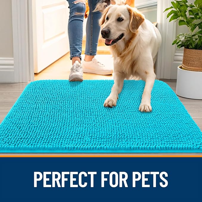 OLANLY Dog Door Mat for Muddy Paws 47x32, Absorbs Moisture and Dirt, Absorbent Non-Slip Washable Doormat, Quick Dry Chenille Mud Mat for Dogs, Entry Indoor Entryway Carpet for Inside Floor, Aqua Blue