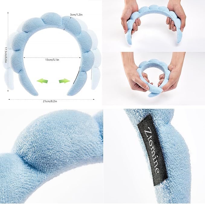 Hairband, Set of 2 - Thick Absorbent Terry Cloth Spa Headbands in Blue and Light Purple for Washing Face or Facial, Puffy Makeup Headbands for Face Washing, Mask Combo Pack