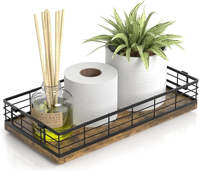 Toilet Paper Basket, 13 Inch Farmhouse Bathroom Basket MDF and Iron Tray Top of Storage Toiletries Organizer for Bathroom, Living Room and Kitchen (Rusty)