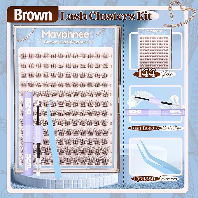 Mavphnee Brown Lash Clusters Kit Natural Eyelash Clusters Dark Brown Eyelash Extensions CC-Curly Pestañas Postizas Wispy Individual Lash Extensions Kit 8-16MM Brown Cluster Lashes 144PCS DIY Lash Kit