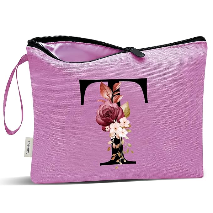 Vavabox A-Z Personalized Makeup Bag, Birthday Gifts for Women Mom, Gifts for Best Friend, Bride Bridesmaid Cosmetic bag (T, Purple)