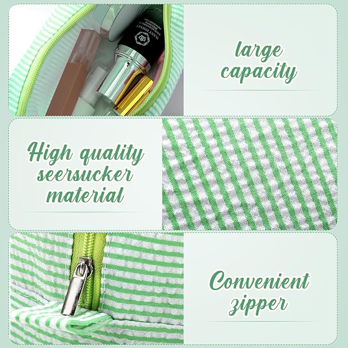 Sanwuta 6 Pcs Seersucker Cosmetic Bag Bulk Pinstripe Makeup Bag for Women Aesthetic Cute Travel Toiletry Organizer Preppy Storage Pouch for Wedding Bridesmaid Christmas Gift (Large, Green)