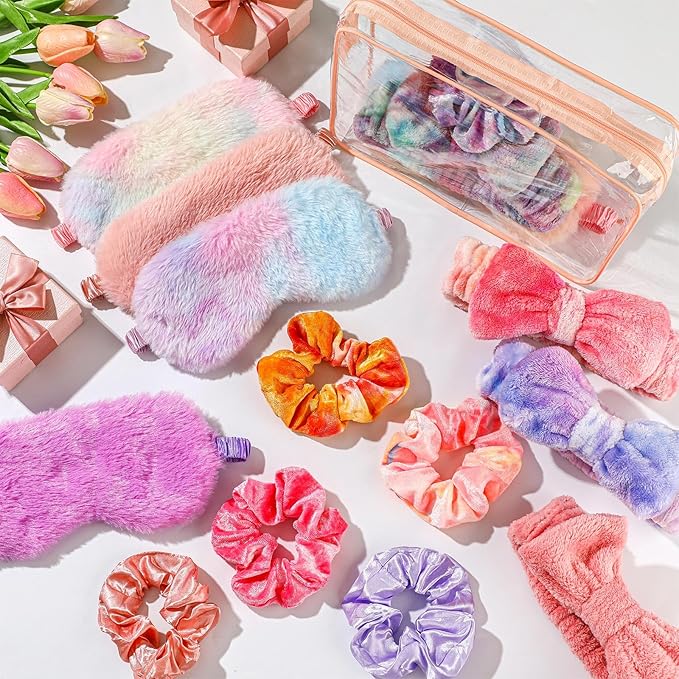 Kajaia 48 Pcs Sleepover Party Supplies for Girls Spa Part Favor Slumber Party Supplies for Women Headband Eye Mask Hair Scrunchies Toiletry Bag