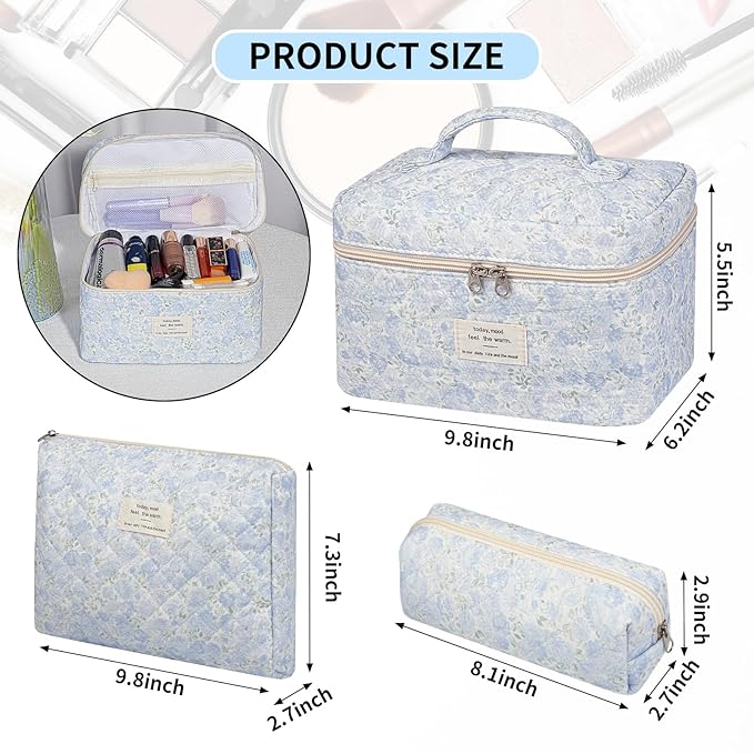 senbowe Floral Makeup Bag, 3 Pack Large Cotton Quilted Makeup Bag Set, Cute Floral Coquette Aesthetic Toiletry Bag Make Up Cosmetic Bag for Women, Toiletry Travel Make Up Organizer Bag