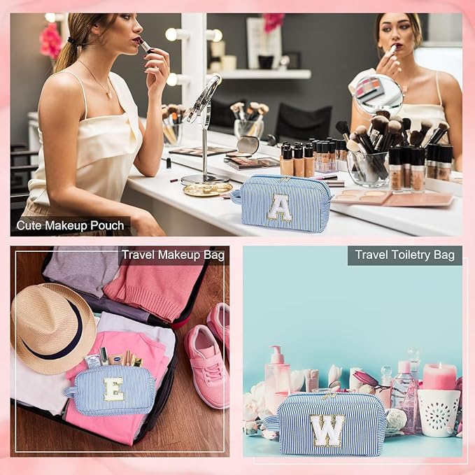 YOOLIFE Birthday Gifts for 6 7 8 9 10 11 12 13 14 15 Year Old Teen Girl - Initial Makeup Bag Letter Toiletry Pouch Cosmetic Case, Personalized Teen Girl Gifts Trendy Stuff, Blue C