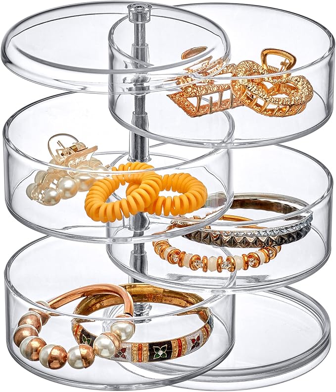 Amazing Abby - Inspire - 4-Tier Acrylic Hair Accessories Organizer with Lid, Plastic Jewelry Holder, Rotating Makeup Accessories Container, Beauty Supply Storage, Clear, Round (4.5" Dia.)