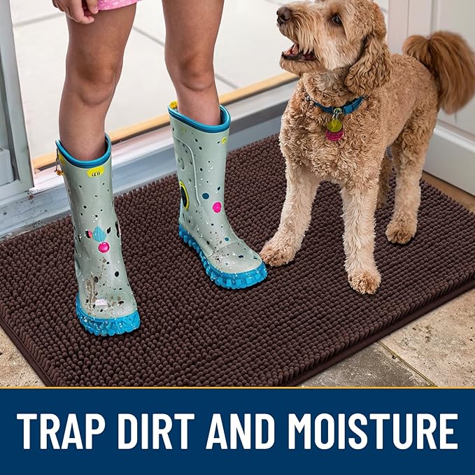 Smiry Dog Door Mat for Muddy Paws 47x24, Absorbs Moisture and Dirt Doormat, Non-Slip Washable Quick Dry Chenille Front Door Mat Indoor Entrance, Entryway Carpet for Inside Floor, Brown