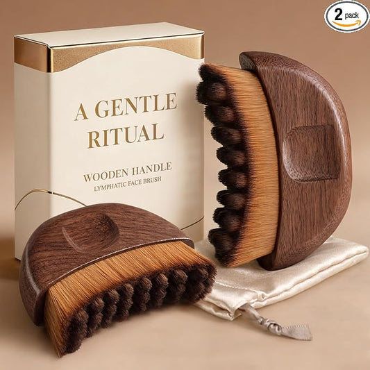 2PCS Lymphatic Contour Face Brush-Wooden Handle Facial Sculpting Brush-Dry Gua Sha Brushes for Face-Lift Facial Brushes for Lymphatic drainage Depuff Puffiness Brushes Walnut
