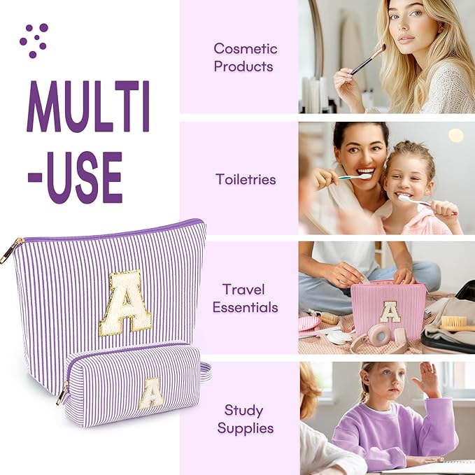 2 PCS Initial Makeup Bags for Women: Cosmetic Bag for Travel Toiletry - Birthday Gifts for 11 12 13 14 15 16 17 18 Years Old Girl Graduation Teacher Gift- Teen Girl Gifts Trendy Stuff - Purple O