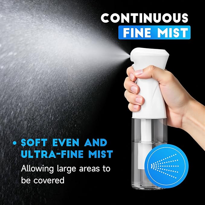 3 Pack Spray Bottle for Hair - Continuous Hair Spray Bottles Refillable Mister Sprayer for Hairstyling, Plants, Pets, Skincare, Cleaning (6.8 OZ/200ML, Black+White+White)