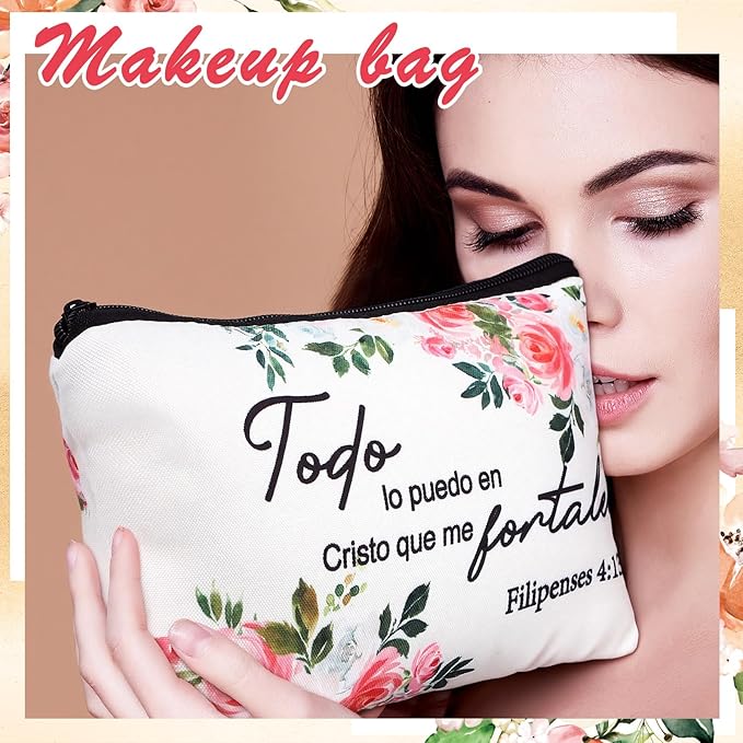 Pinkunn 16 Pcs Valentines Canvas Makeup Bags Bulk Inspirational Christian Women Religious Galentine Gifts Inspirational Bible Verse Pencil Pouch Makeup Bags with Zipper for Travel(Spanish Floral)