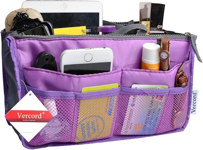 Vercord Purse Organizer Insert for Handbags Bag Organizers Inside Tote Pocketbook Women Nurse Nylon 13 Pockets Purple Small