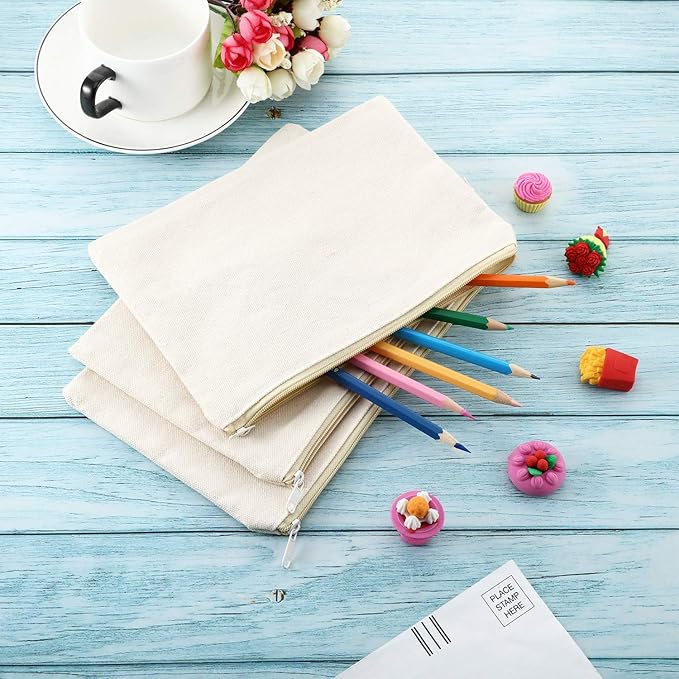 meekoo 16 Pack Blank Canvas Pouch Zipper Cosmetic Bag Bulk Plain Makeup Pouch Sublimation DIY Craft Multipurpose Travel Toiletry Bag for Makeup Cosmetic Stationary Storage Organizer(M,Beige)