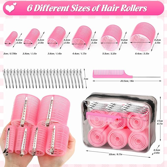 6 Size Hair Rollers for Women, 62 Pcs Rollers Hair Curlers for Long Medium Short Hair, Large Medium Small Self Grip Hair Rollers with 36 Rollers 24 Stainless steel Clips 1 Storage Bag