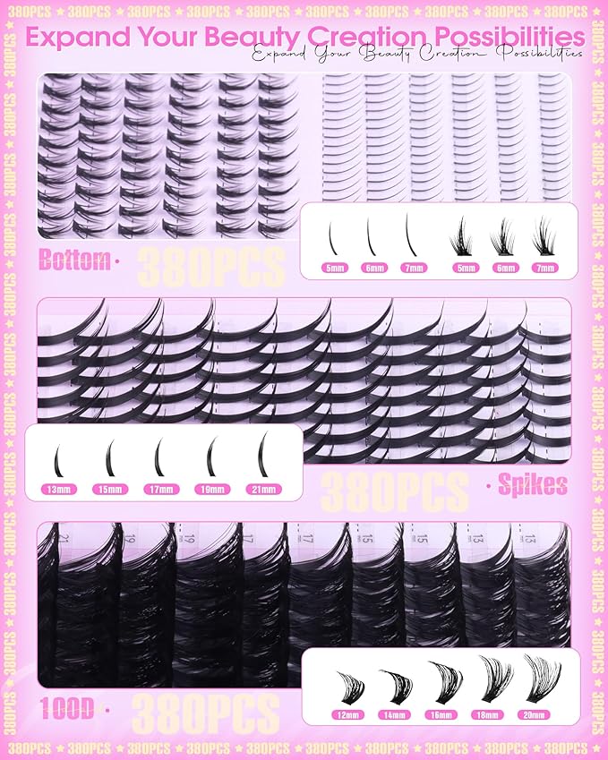 Lash Clusters Kit with Spikes Wispy Lash Extension Kit with Bottom Lashes 100D Eyelash Clusters 380PCS Volume Eyelash Extension Kit Spiky Lashes Clusters Kit with 2-IN-1 Lash Glue, Tweezers