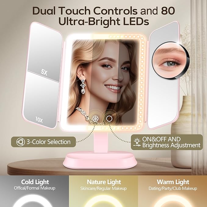 Vanity Mirror with Lights, Lighted Makeup Mirror with 30X/10X/5X Magnification, Rechargeable Trifold Mirror with 3 Color & Adjustable Brightness, Travel Makeup Mirror with Lights for Desk